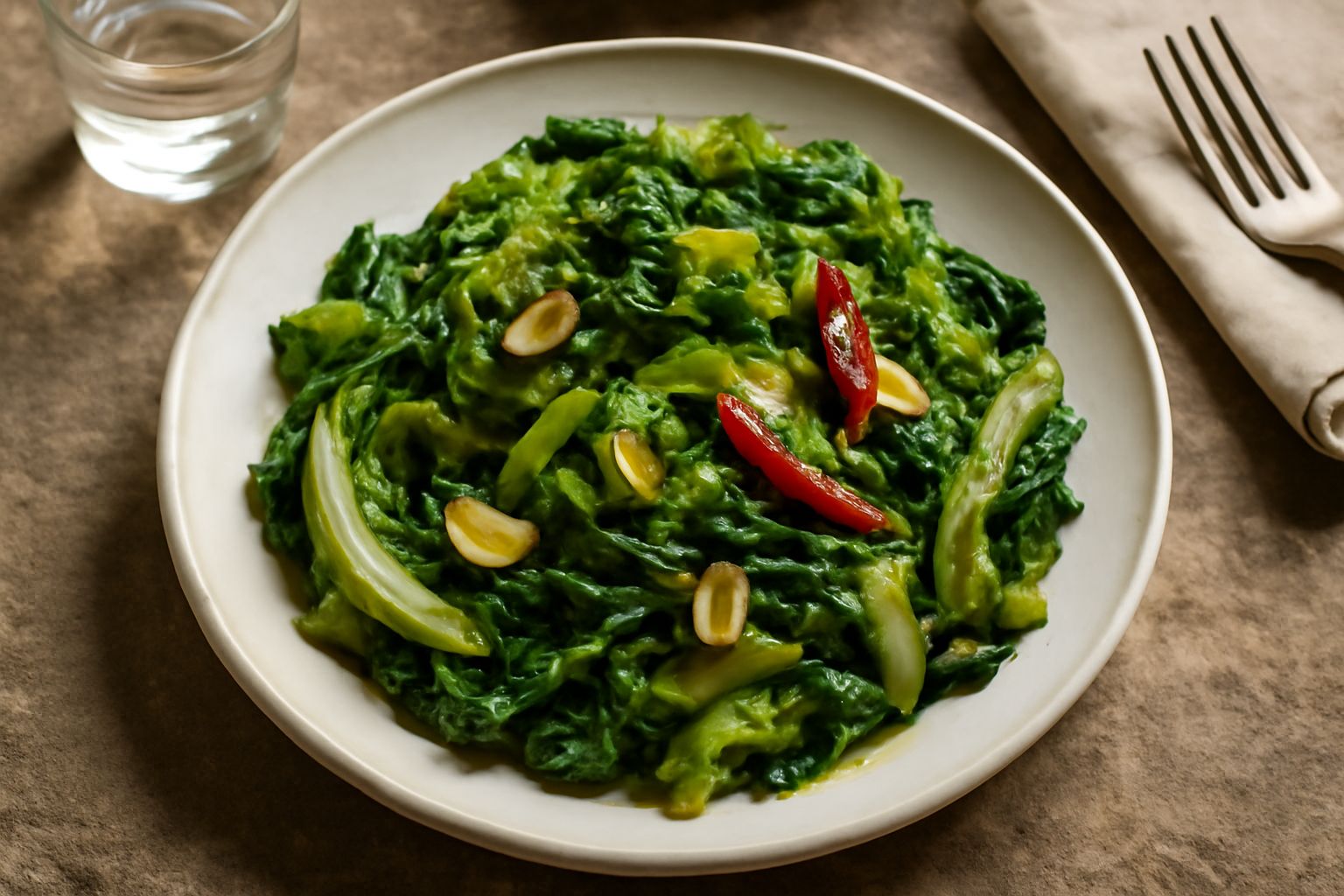 Escarola verde ripassata in una padella di acciaio con spicchi d'aglio dorato e peperoncino rosso, gocce d'olio di oliva visibili sulle foglie
