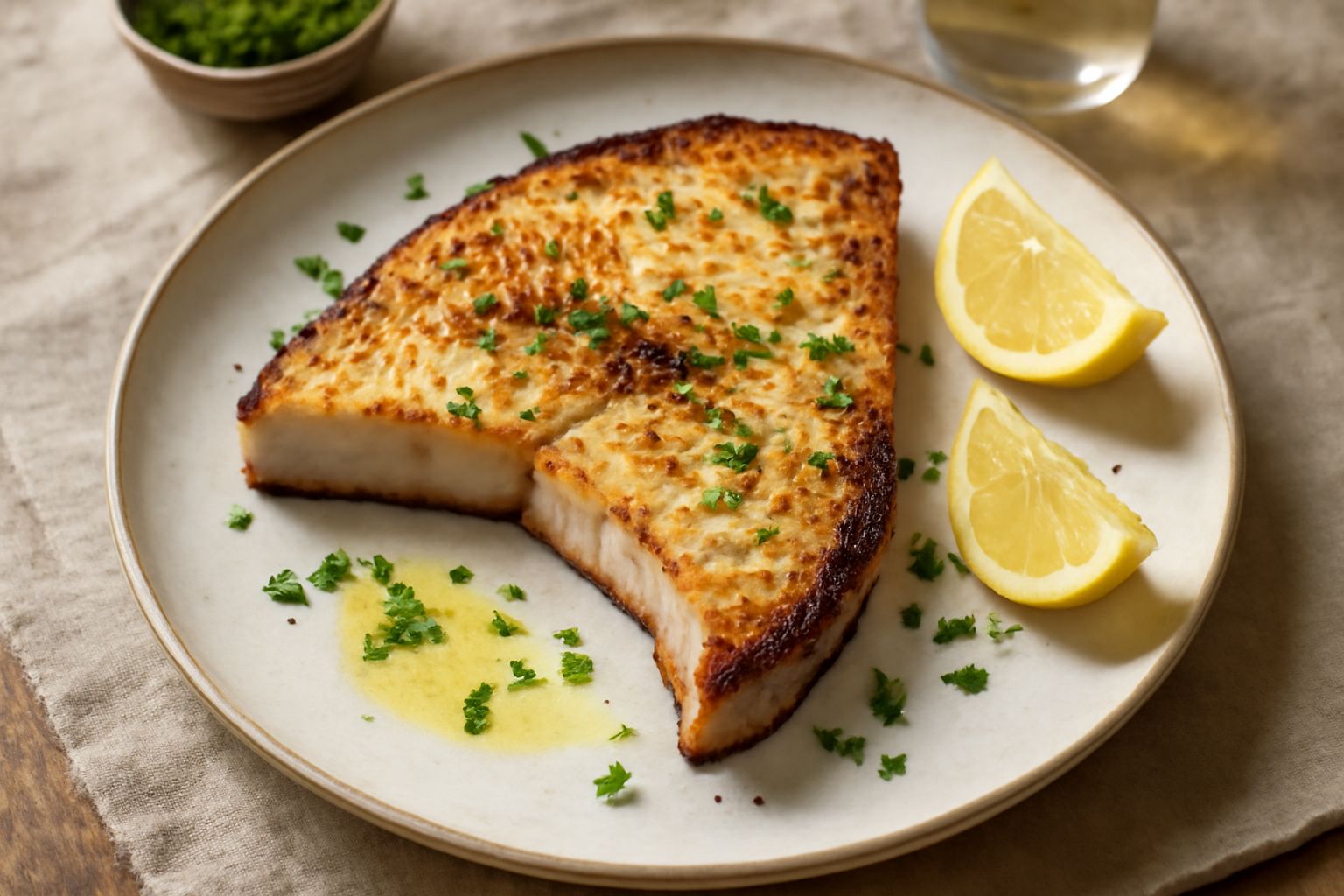 Trancio di espadon dorato e leggermente croccante in superficie, adagiato su piatto bianco con limone affettato ai lati e prezzemolo fresco tritato, contorno di patate al forno sfumate