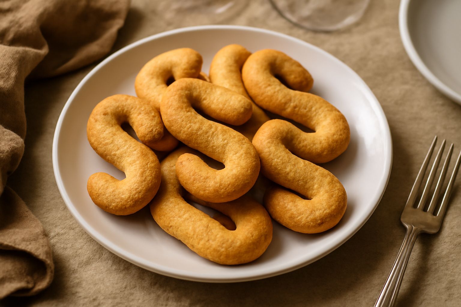 Una decina di esse buranelle dorate a forma di S su piatto bianco, accanto a una tazza di caffè e una piccola ciotola di zucchero