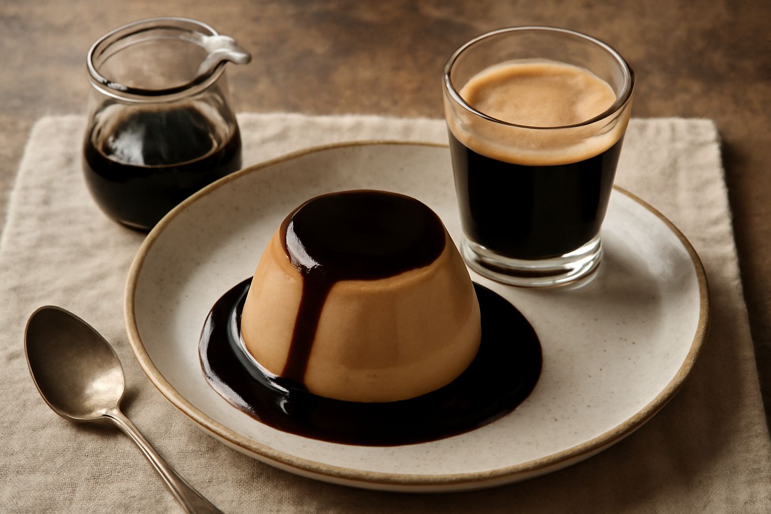 Bicchiere trasparente con estratto di caffè modenese marrone scuro e cremoso, accompagnato da una bottiglia di vetro contenente lo stesso estratto concentrato su sfondo di marmo chiaro