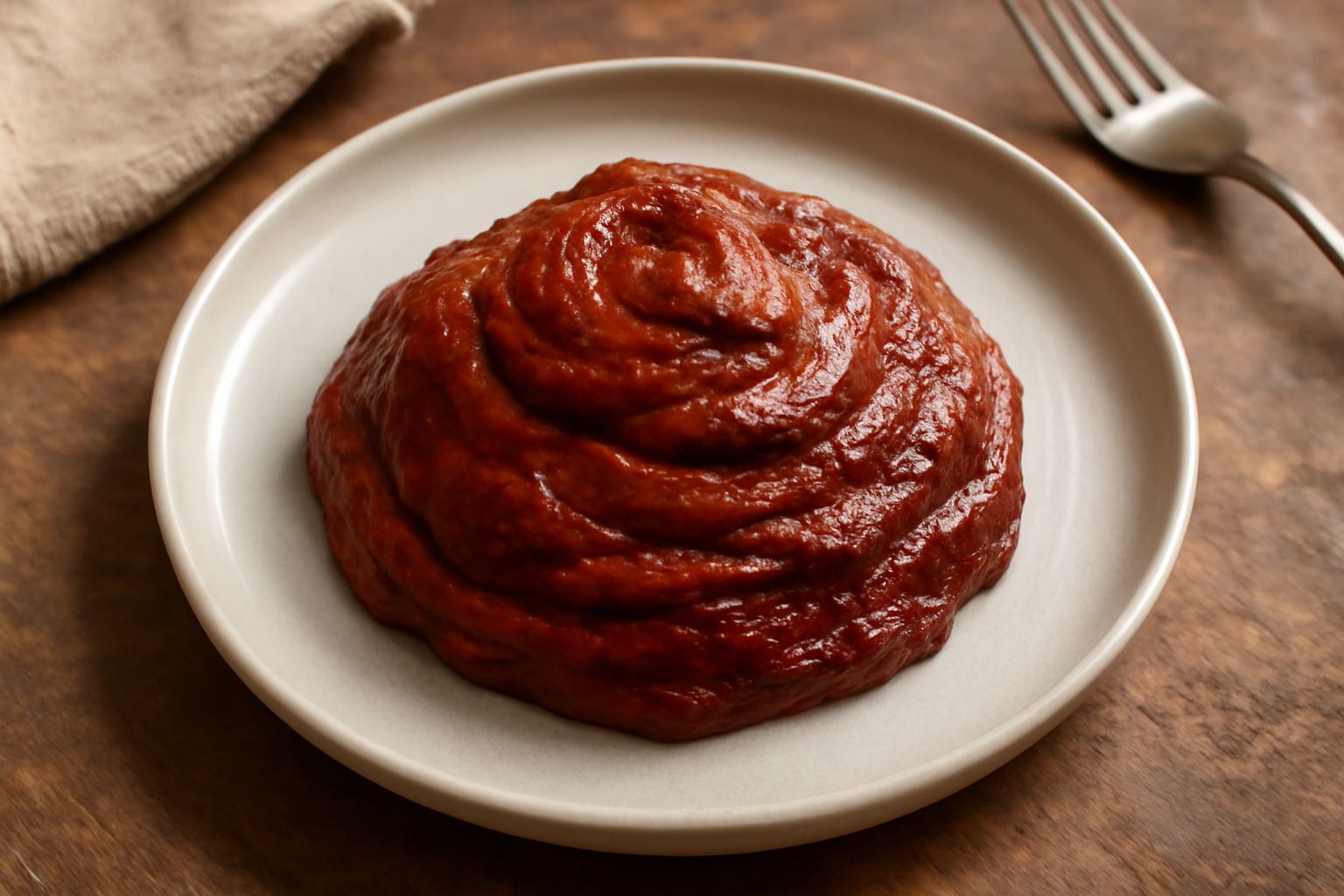 Estratto di pomodoro rosso scuro e concentrato in una ciotola di ceramica bianca, con cucchiaio di legno e pomodori maturi rossi sullo sfondo