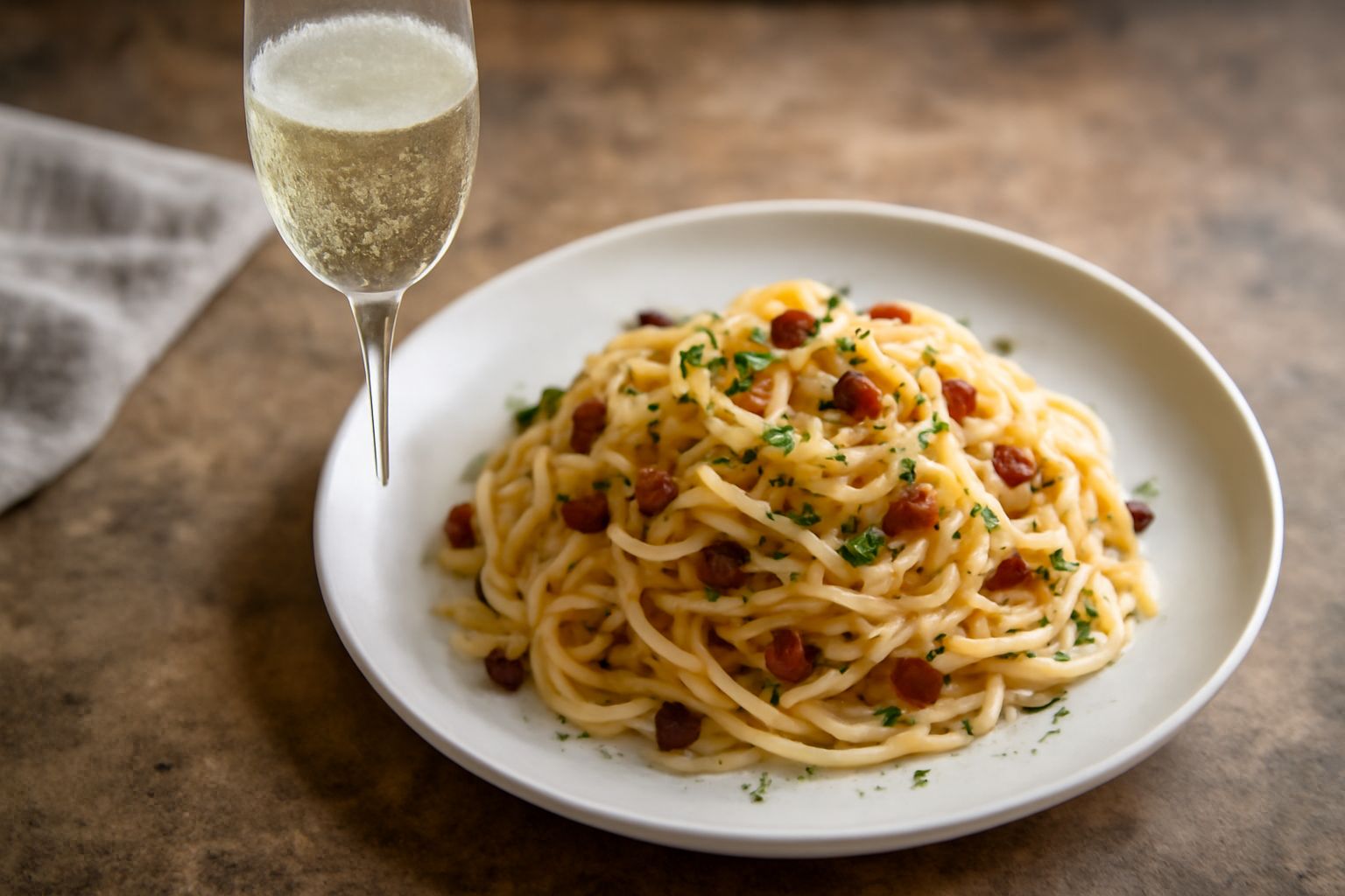 Flute di cristallo con spumante extra dry veneto di colore giallo paglierino, bolla fine e tracce di spuma, servito su tavolo bianco con bicchieri vuoti e una bottiglia verde in sottofondo