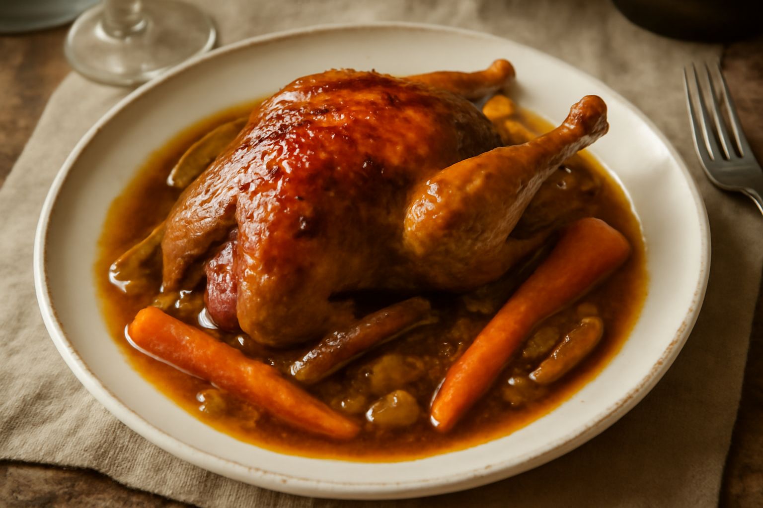 Piatto bianco con due metà di fagiano in salsa marrone scuro, contornate da carote dorate, sedano e cipolla, con il sugo lucido che bagna la carne, guarnito con un rametto di rosmarino fresco