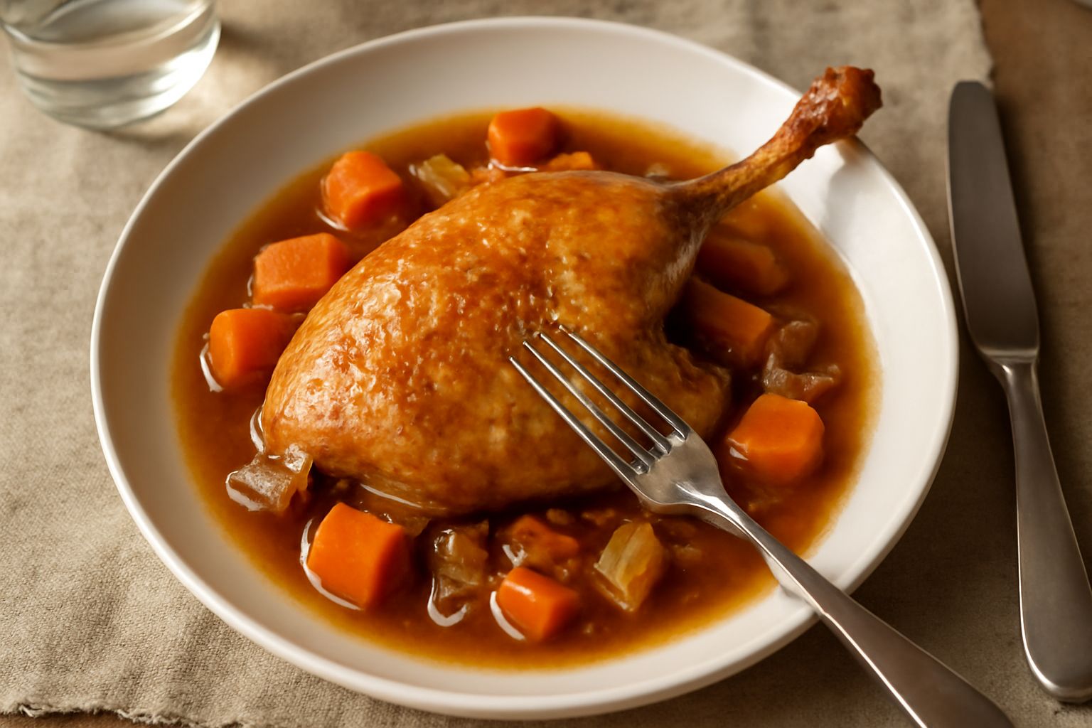 Fagiano intero cotto in casseruola di terracotta rossa, con la carne dorata, contornato da carote, cipolla e sedano in un brodo trasparente e ambrato