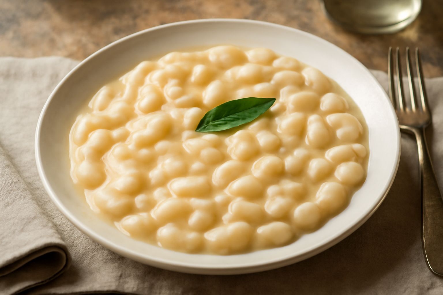 Ciotola bianca con fagioli bianchi cremosi avvolti in burro dorato, guarniti con una foglia di salvia fresca, su fondo in legno chiaro