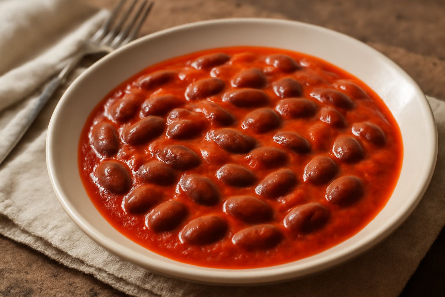 Fagioli rossi in un piatto fondo bianco, immersi in sugo di pomodoro rosso brillante, con spicchi d'aglio visibili e olio d'oliva in superficie, contorno di pane tostato scuro