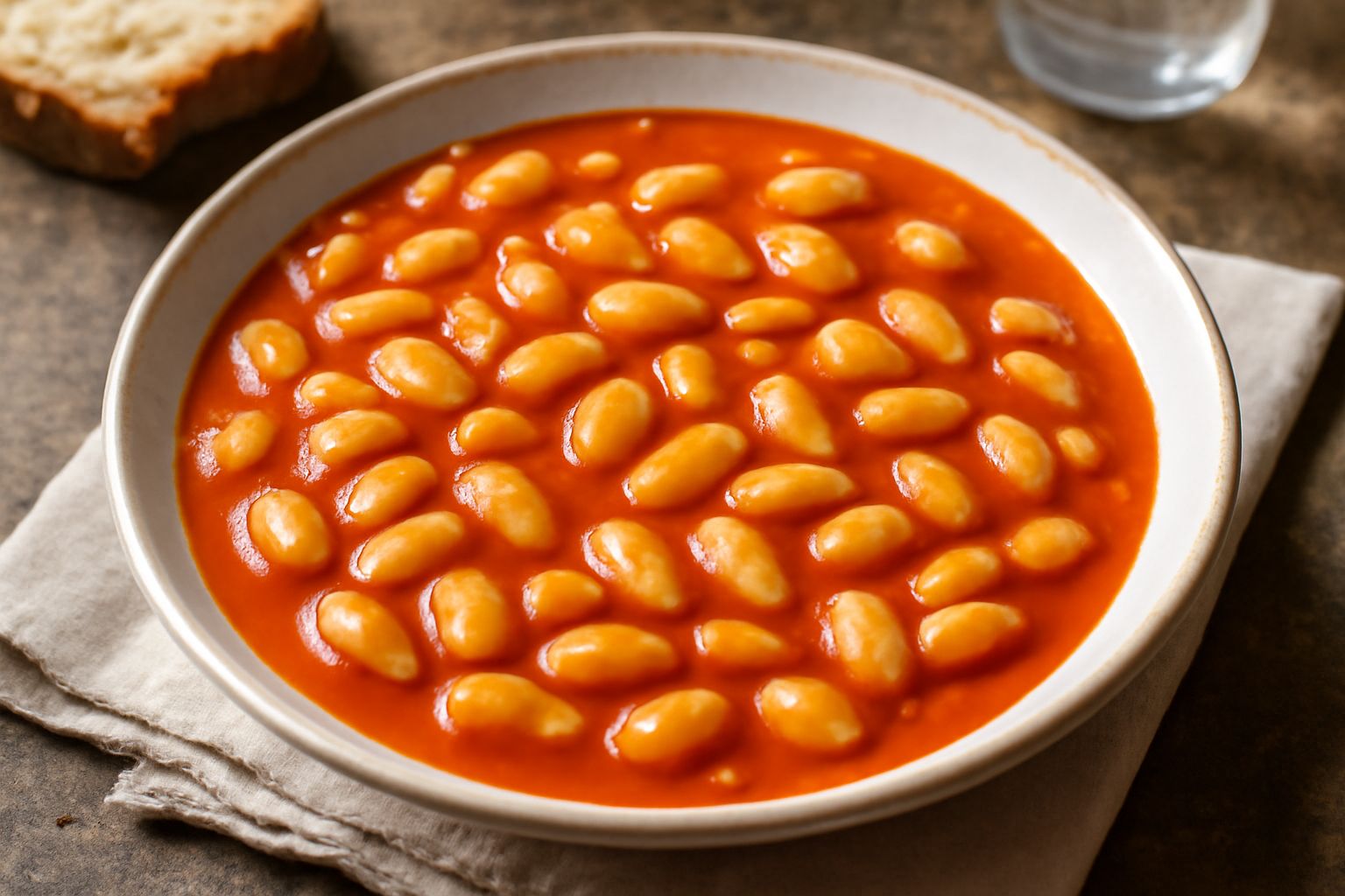 Ciotola di fagioli bianchi cremosi immersi in sugo rosso di pomodoro con aglio, conditi di olio di oliva verde, serviti in piatto di ceramica bianca