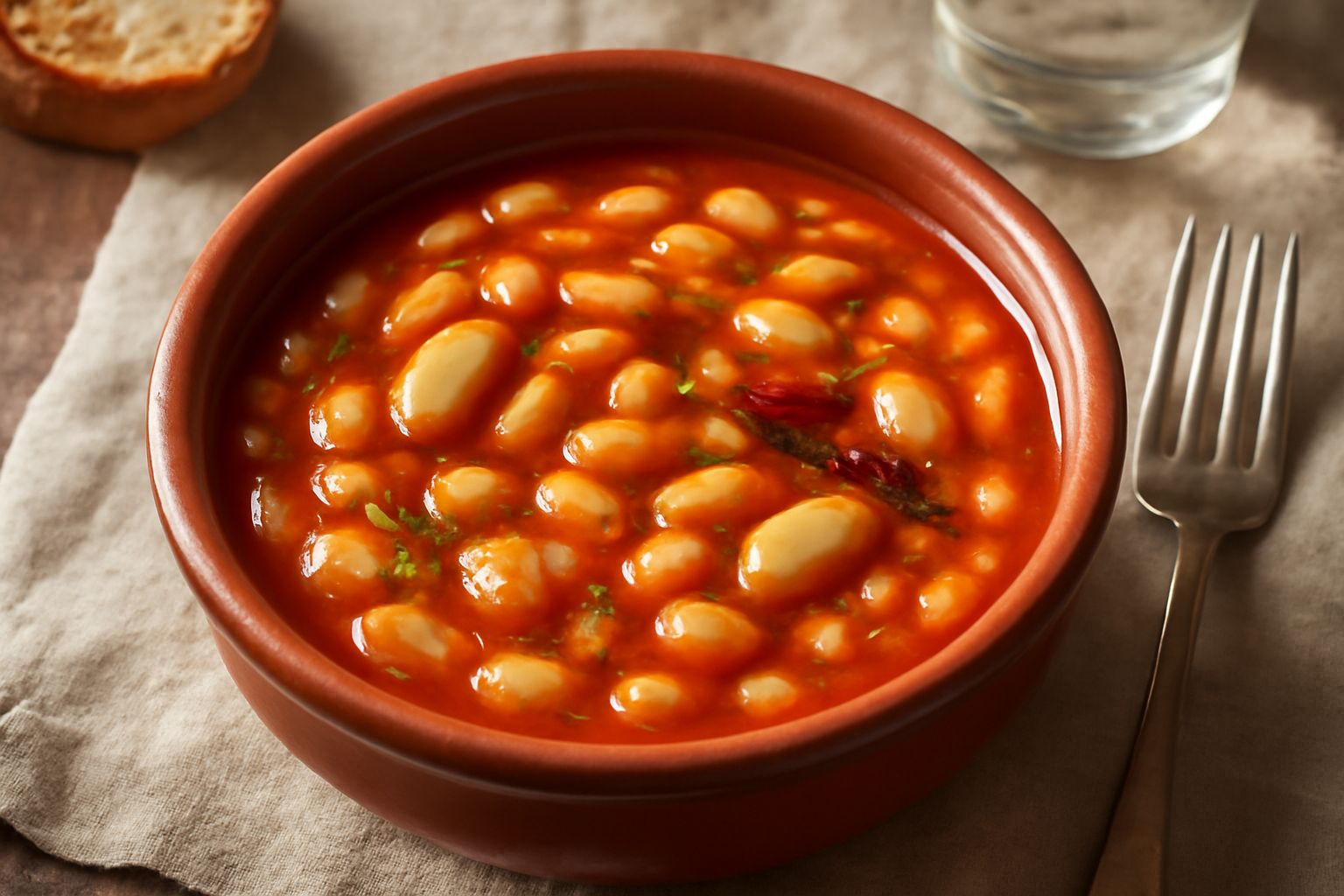Una ciotola di fagioli bianchi e rossi ben cotti in brodo rosso di pomodoro, con gocce di olio d'oliva in superficie, aglio affettato e peperoncino fresco sullo sfondo
