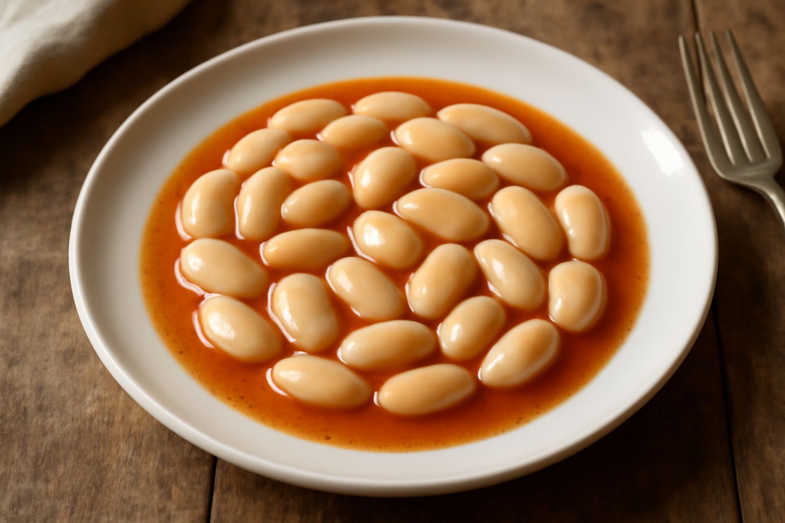 Ciotola di ceramica bianca con fagioli bianchi di Montella cotti, cremosi e interi, conditi con olio extravergine d'oliva, salsa di pomodoro leggera e prezzemolo fresco