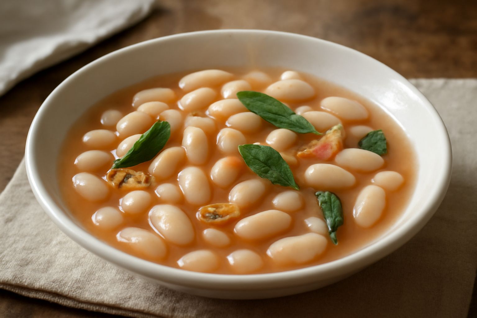Fagioli bianchi di Sorana in umido in una ciotola di ceramica bianca, ricoperti di brodo rosato, con foglie di salvia fresca, su un tavolo di legno grezzo con una bottiglia di olio d'oliva sfocata sul