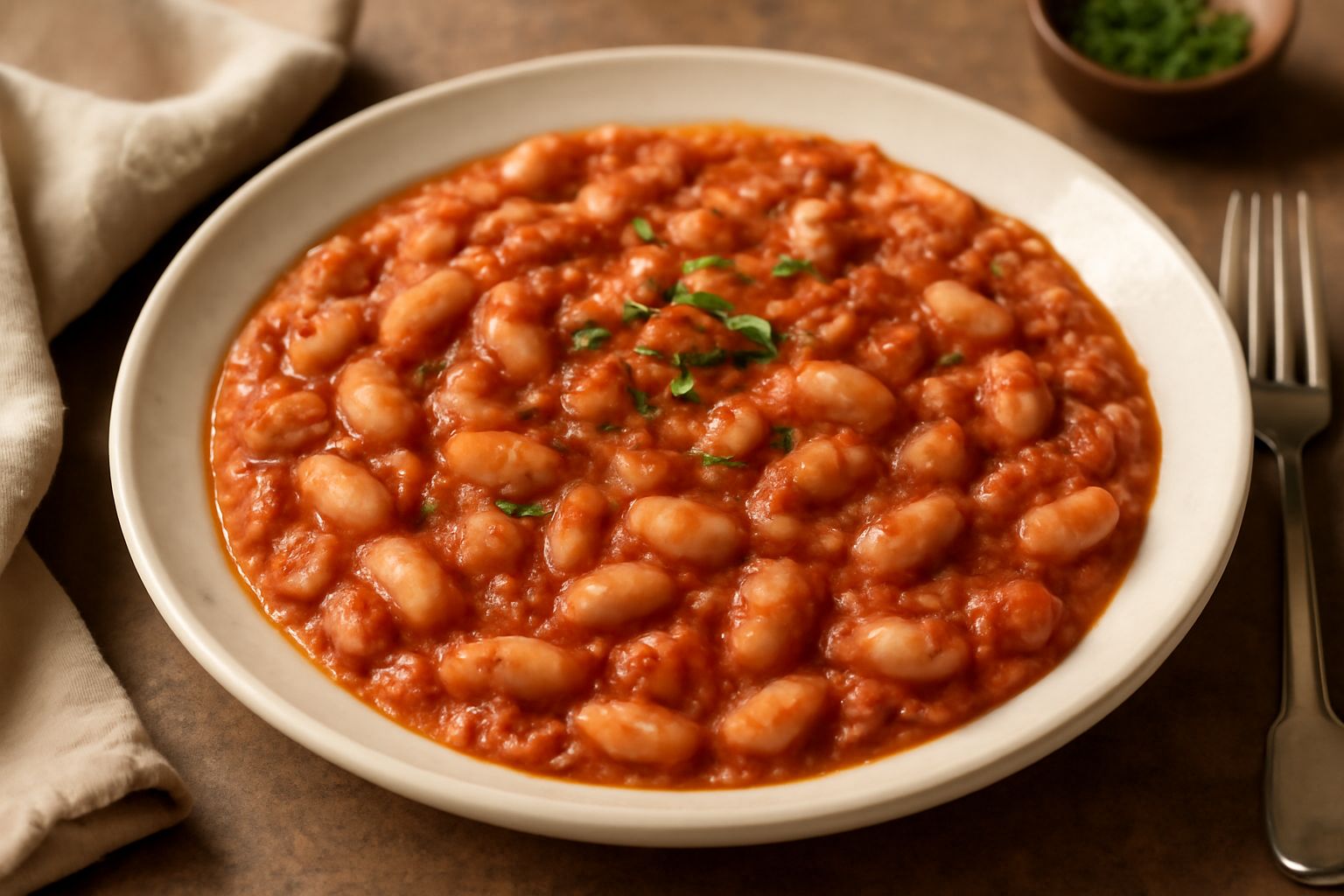 Fagioli bianchi cotti in umido dentro una ciotola bianca, con sugo di pomodoro rosso scuro, cipolla morbida visibile, filo di olio d'oliva in superficie, pane tostato accanto