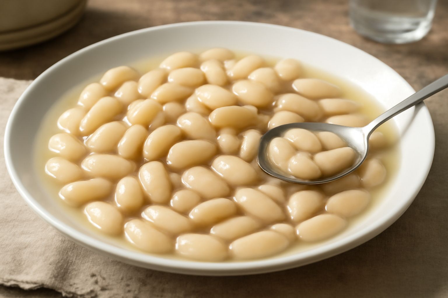 Fagioli bianchi lessati in una ciotola bianca, cremosi e lucidi, leggermente caldi, con un filo di olio extravergine e prezzemolo fresco spolverato sopra, in controluce naturale.