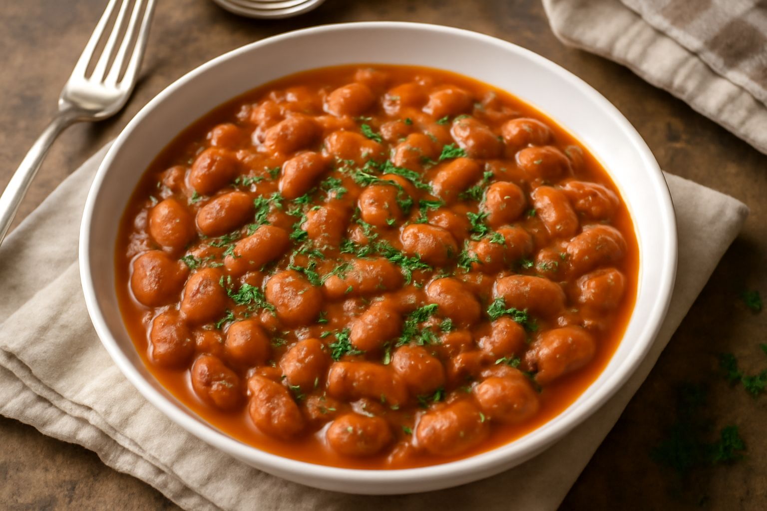 Una ciotola bianca colma di fagioli borlotti marrone e rossi immersi in un brodo denso e scuro, con pezzi di pomodoro e sedano visibili, guarniti con prezzemolo fresco verde e un filo di olio dorato