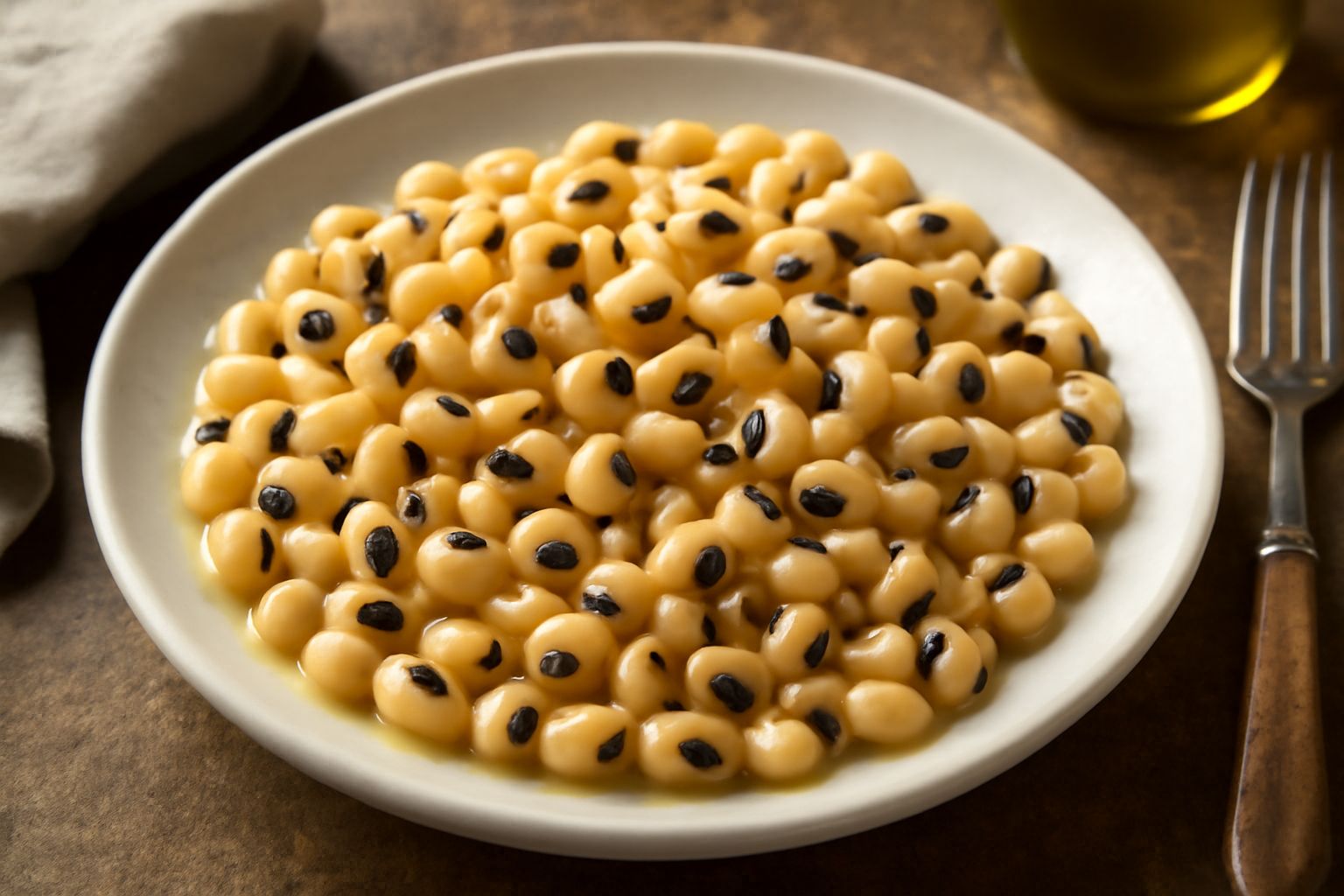 Ciotola di ceramica bianca con fagioli dell'occhio conservati conditi con olio d'oliva, aglio affettato sottile, prezzemolo fresco e peperoncino rosso, accanto una fetta di pane tostato