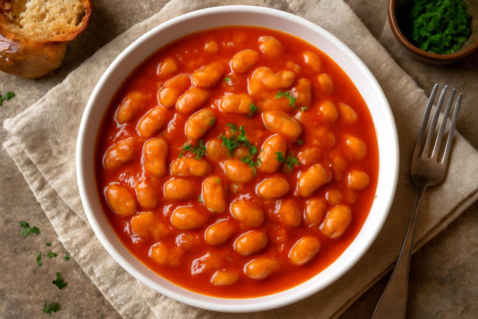 Ciotola di ceramica bianca con fagioli rossi e bianchi in sugo di pomodoro denso, cipolla rosata, olio in superficie, prezzemolo fresco verde sopra, su tavolo di legno chiaro