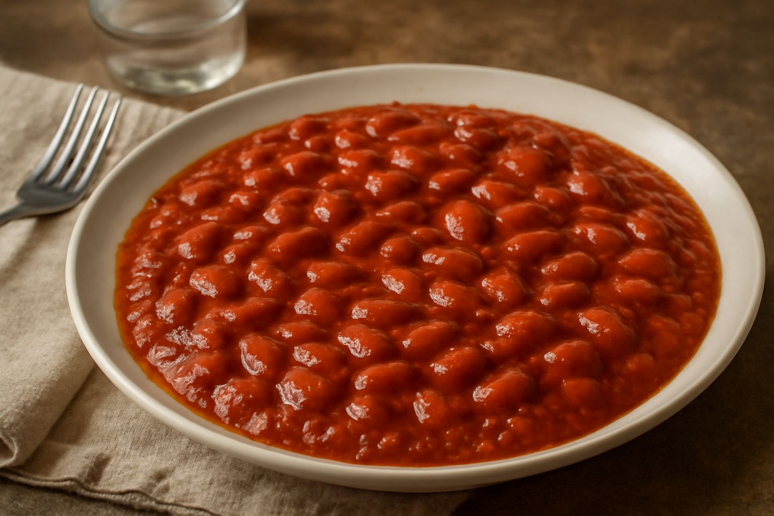Ciotola di ceramica bianca con fagioli rossi o bianchi stufati in salsa rossa densa, guarniti di prezzemolo fresco, olio d'oliva in superficie, pane tostato accanto
