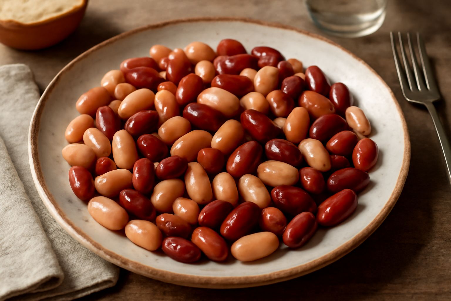 Fagioli bianchi o rossi lessati in una ciotola di ceramica bianca, brillanti e morbidi, con acqua di cottura leggermente lattiginosa, su un tavolo di legno scuro