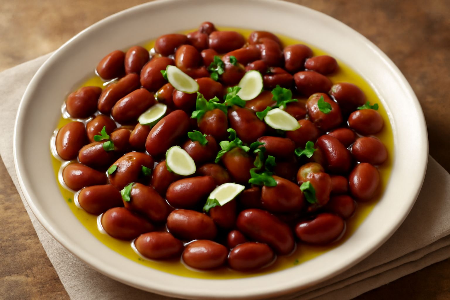 Ciotola di fagioli bianchi e rossi lessati, conditi con olio giallo oro, fettine di aglio fresco, prezzemolo verde e cipolla sottile, su fondo di marmo grigio