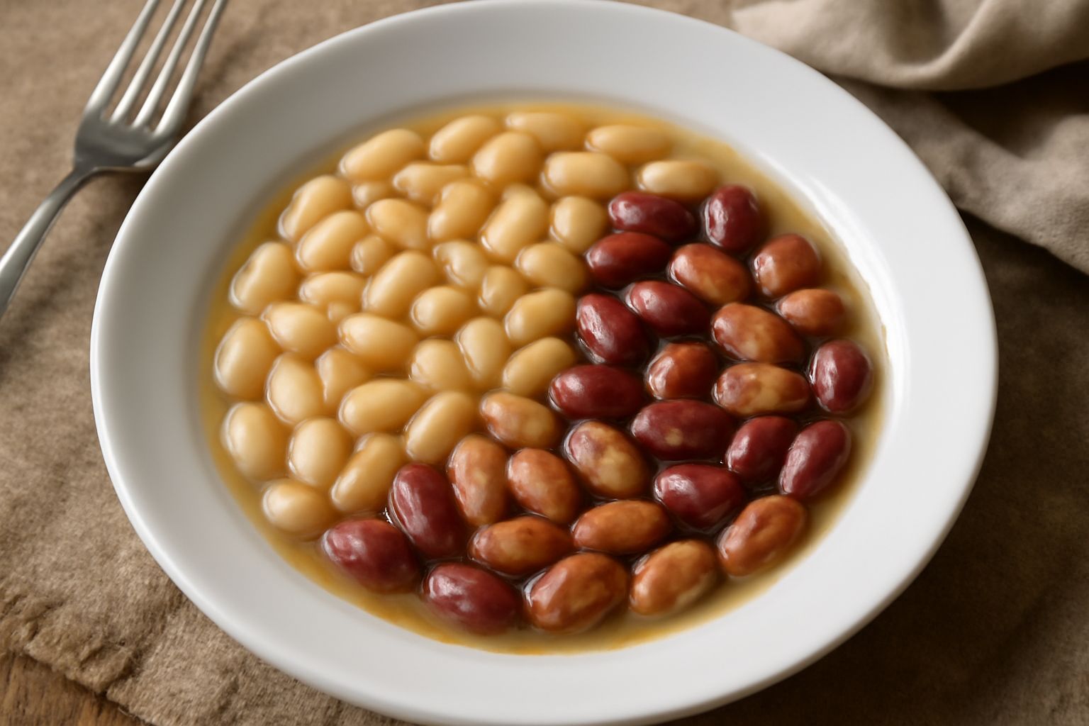 Ciotola di ceramica bianca con fagioli cannellini cotti, cremosi e lucenti, conditi con olio d'oliva e salvia fresca, su fondo di legno scuro