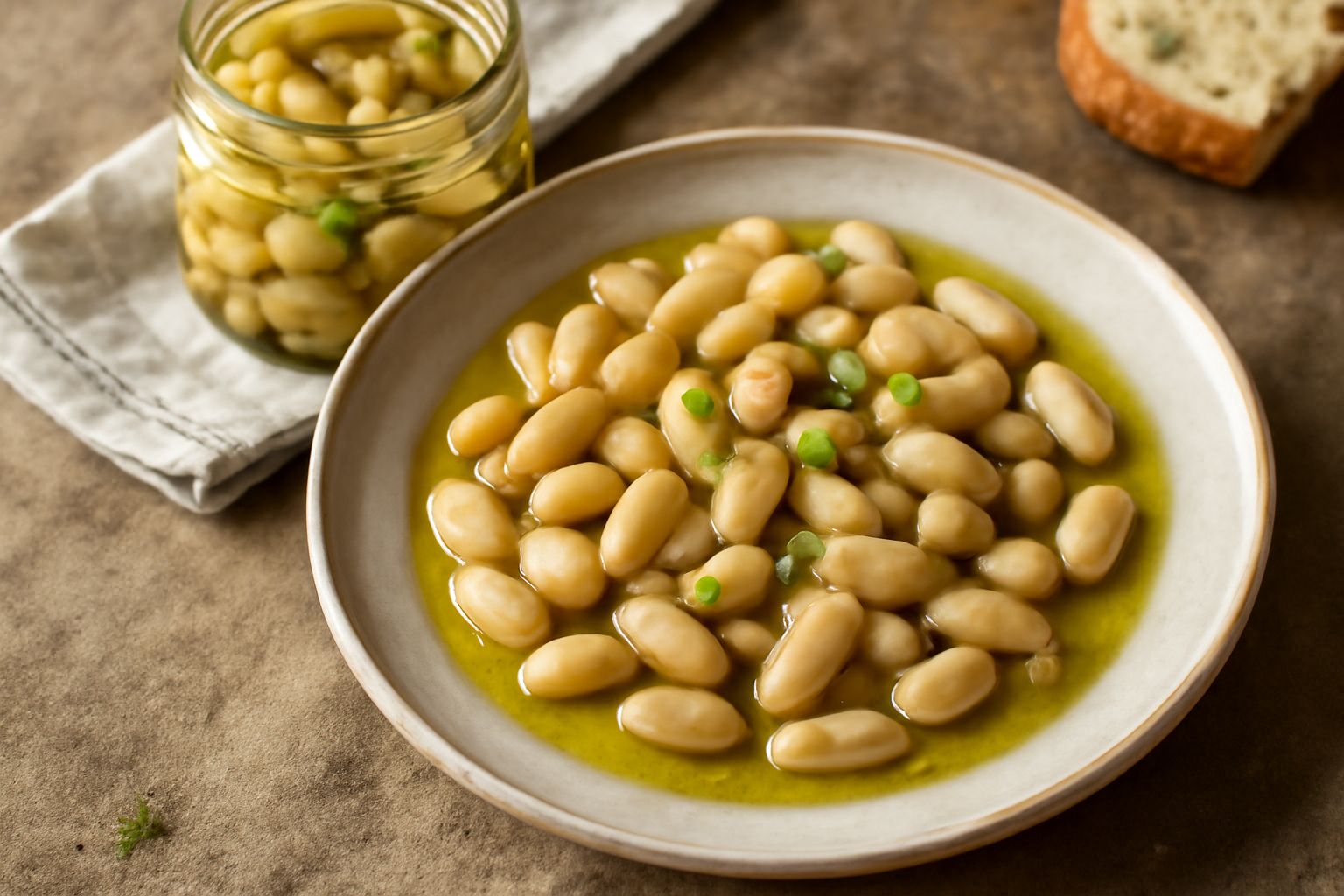 Barattolo di vetro con fagioli crema immersi in olio trasparente, aglio intero e rametti di rosmarino visibili, su fondo bianco neutro