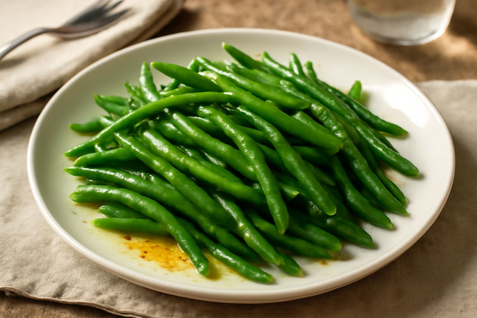 Fagiolini verdi brillanti saltati in padella con burro dorato, disposti in un piatto bianco, guarniti con un pizzico di sale grosso e una noce di burro fuso al centro