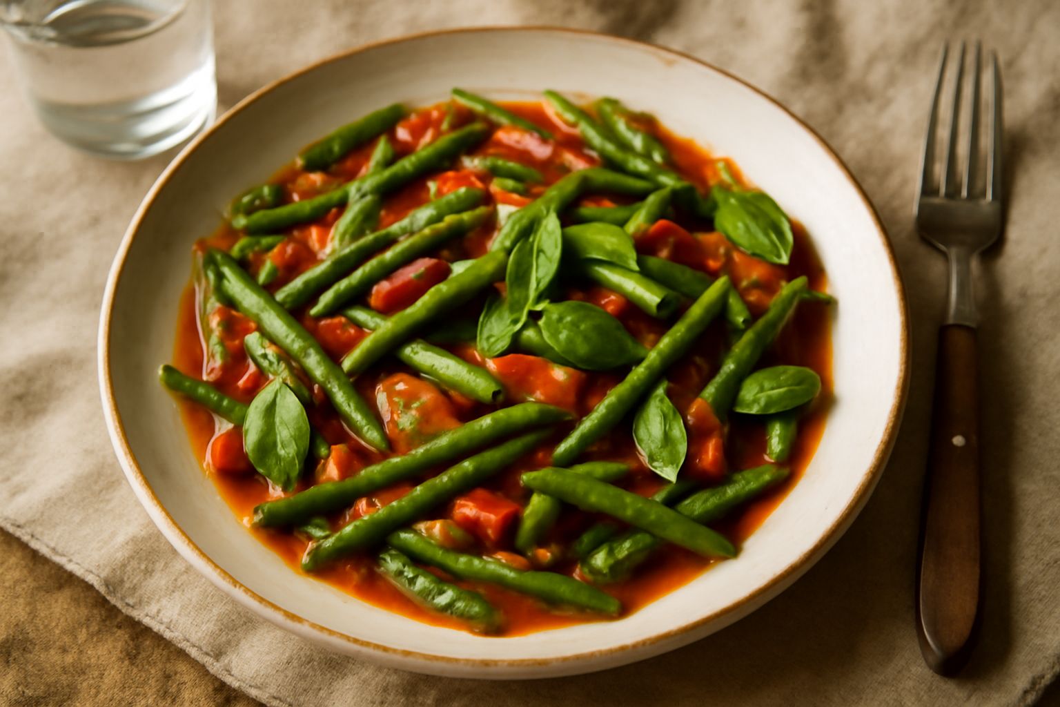 Piatto di fagiolini verdi e consistenti mescolati a pomodori rossi teneri, aglio dorato, in bianco piatto di ceramica con basilico fresco sopra