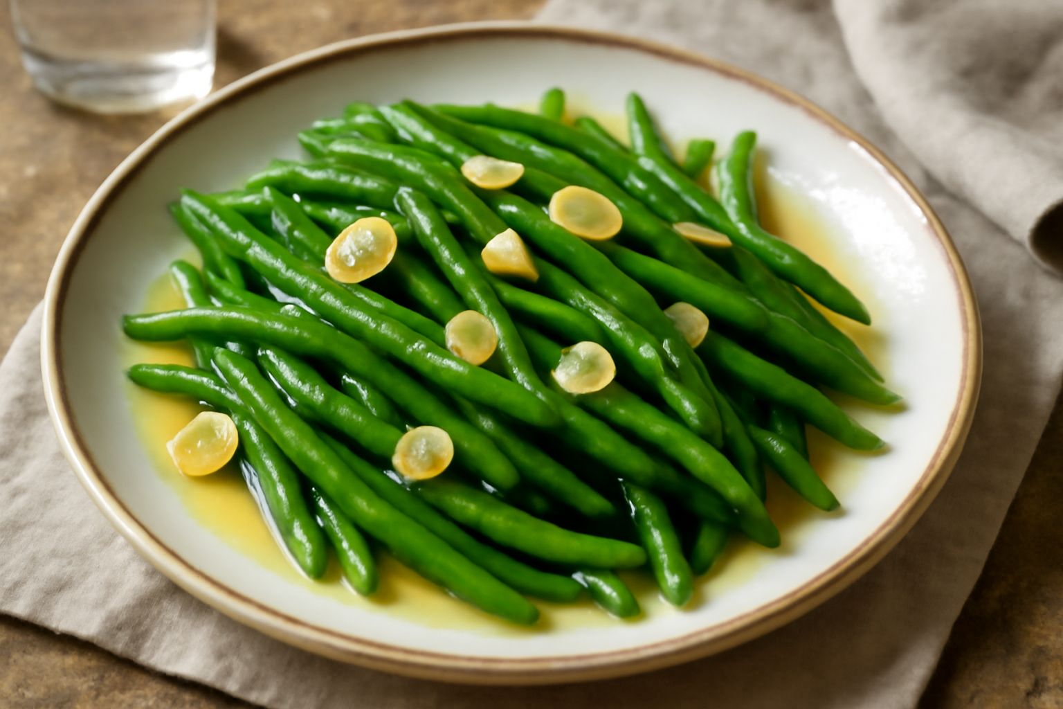 Fagiolini verdi croccanti in un piatto bianco conditi con olio e aceto, guarniti con aglio affettato sottile, brillanti di condimento