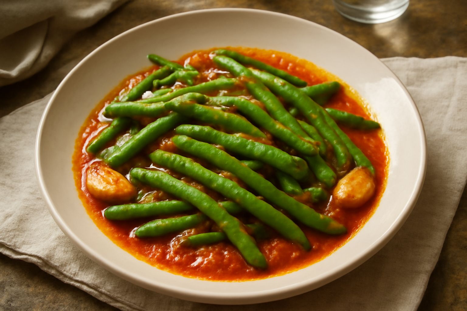 Piatto bianco con fagiolini verde brillante morbidi in sugo di pomodoro, con aglio dorato visibile, filo di olio verde in superficie, su tavolo di legno chiaro
