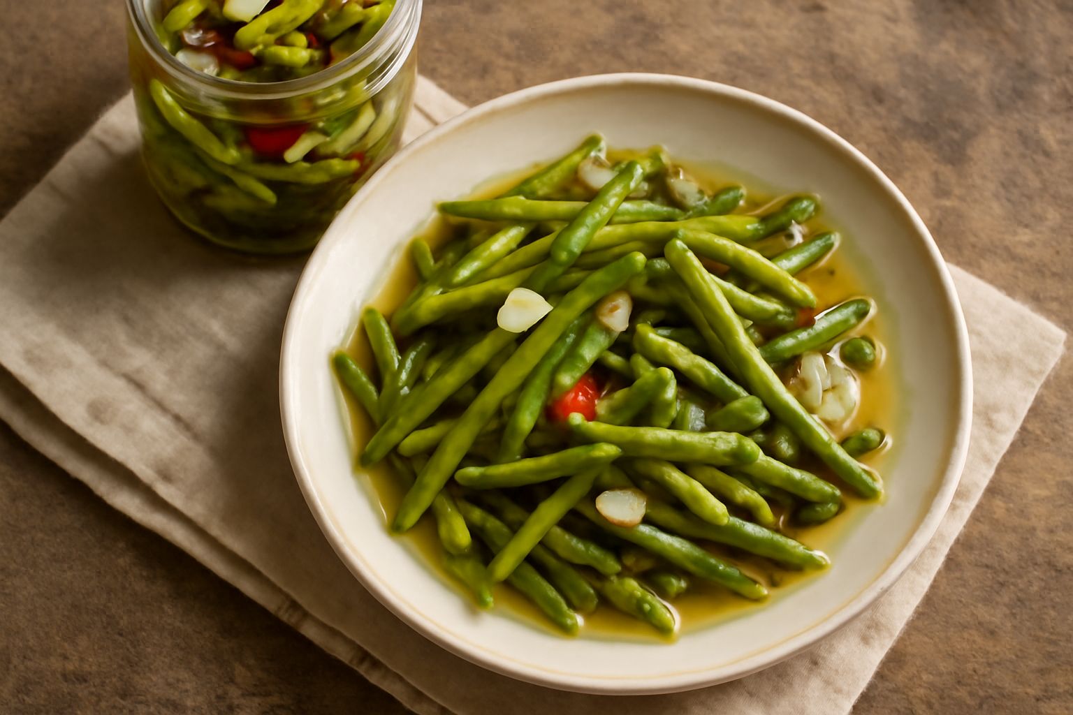 Vasetto di vetro con fagiolini verdi smeraldo interi immersi in olio dorato, aglio spicchiato e peperoncino visibili in trasparenza, etichetta artigianale, sfondo bianco