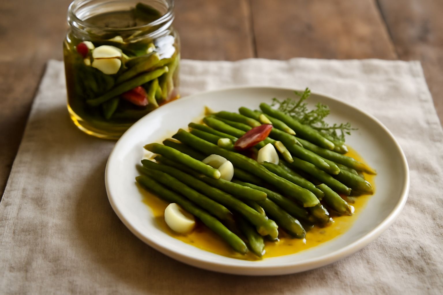 Barattolo di vetro con fagiolini verdi interi e croccanti immersi in olio trasparente, con aglio spicchi interi e peperoncino rosso visibile tra i fagiolini, fondo chiaro, etichetta bianca