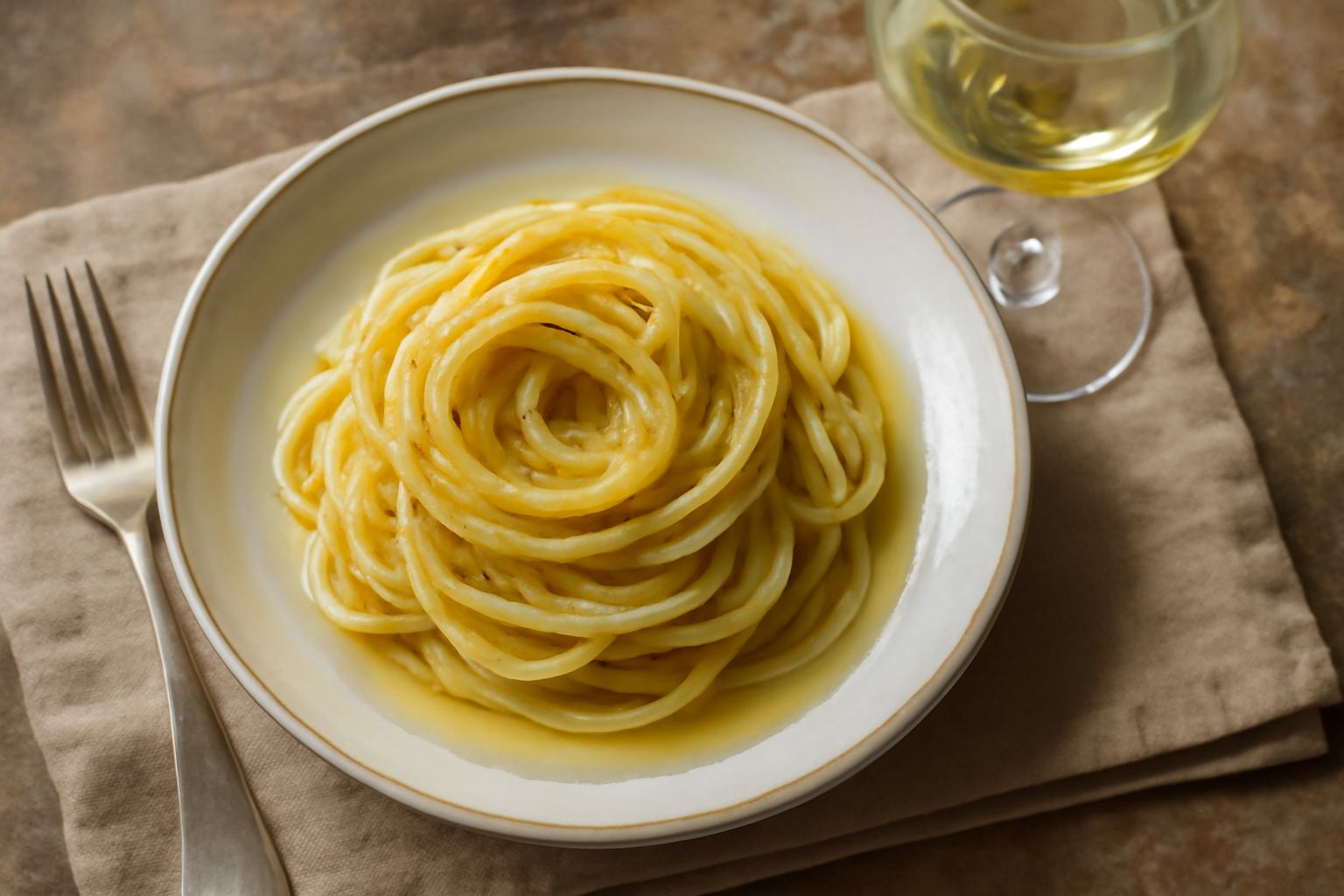 Calice di vino bianco Falanghina dal colore giallo paglierino chiaro, con riflessi verdastri, posato su un tavolo di legno accanto a una bottiglia di vetro verde scuro