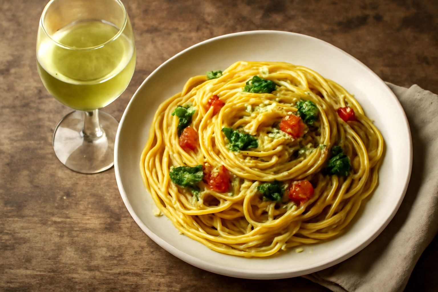 Bicchiere di vino bianco Falerio trasparente e cristallino con riflessi verdognoli, bottiglia etichettata sullo sfondo, tavolo di legno naturale con limone fresco e erbe aromatiche