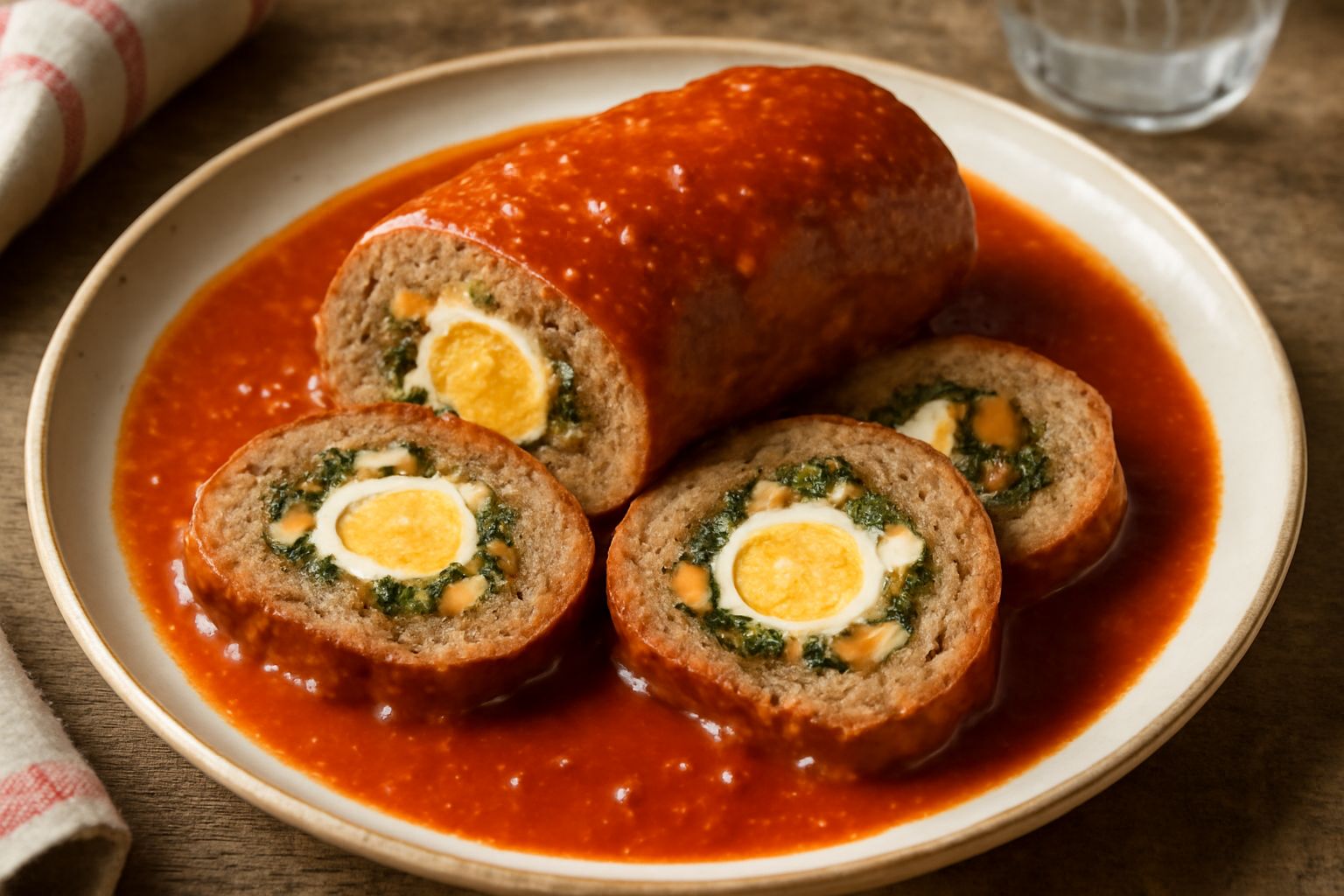 Falsomagru affettato nel piatto, mostrando il ripieno di uova sode e verdure, bagnato di sugo rosso scuro, accanto a pane tostato e prezzemolo fresco