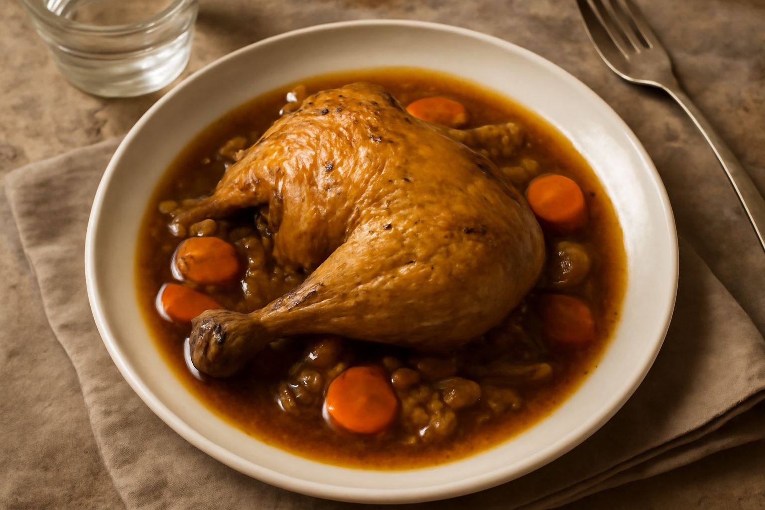 Faraona intera in tegame di terracotta marrone, circondata da carote, sedano e cipolle dorate, con sugo scuro e lucido, erbe fresche di rosmarino sul bordo della pentola
