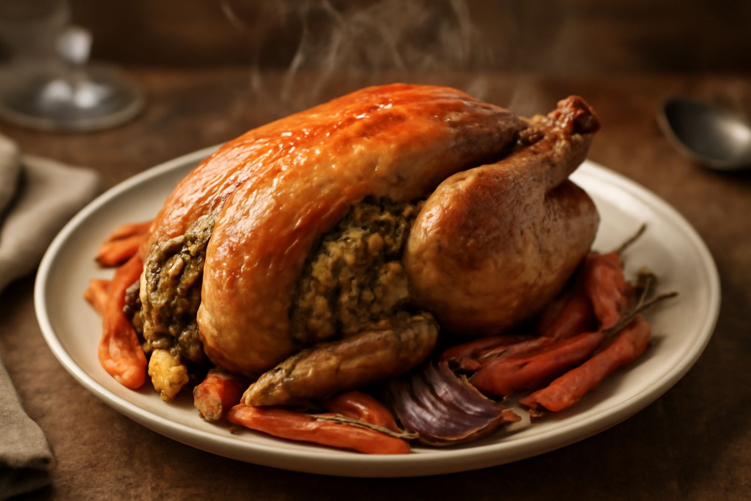 Faraona intera ripiena adagiata in una pirofila di ceramica bianca, pelle dorata e croccante, circondata da verdure rosolate, vapore appena visibile, contorno di insalata fresca verde accanto al piatt