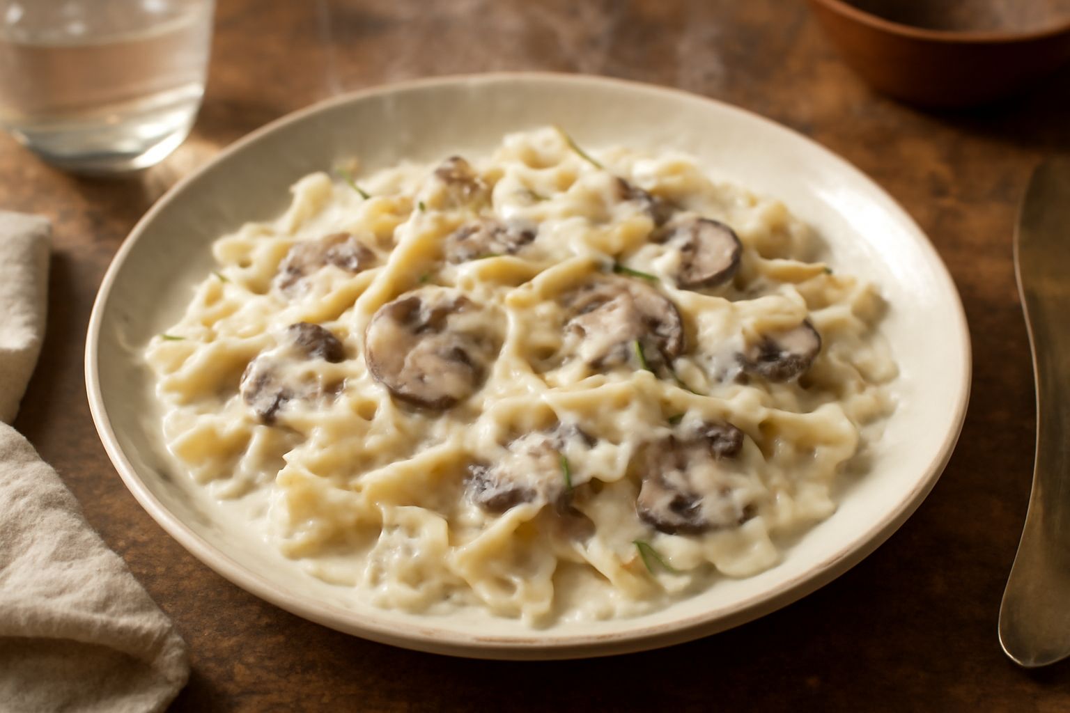 Piatto bianco con farfalle intinte di salsa bianca e pezzi di funghi marroni e crema, guarnito con prezzemolo fresco tritato e grana padano, sfondo neutro