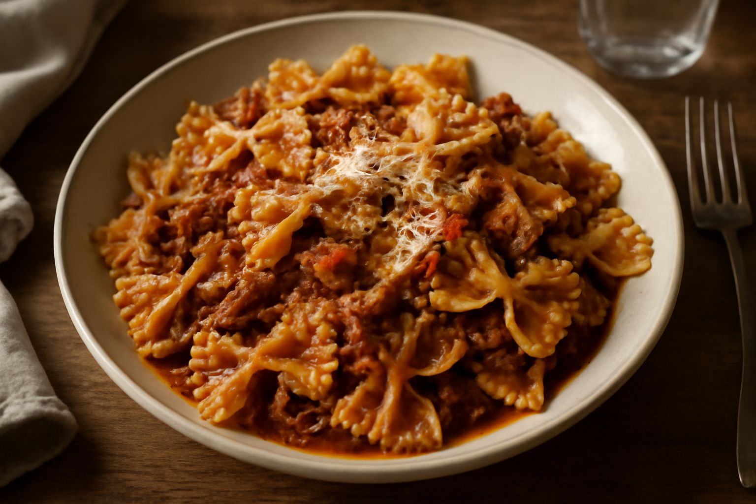 Piatto fondo con farfalle al ragù di maiale, sugo rosso scuro che copre la pasta, grattugia di Parmigiano-Reggiano fresco, basilico verde appena colto, sfondo bianco in ceramica satinata