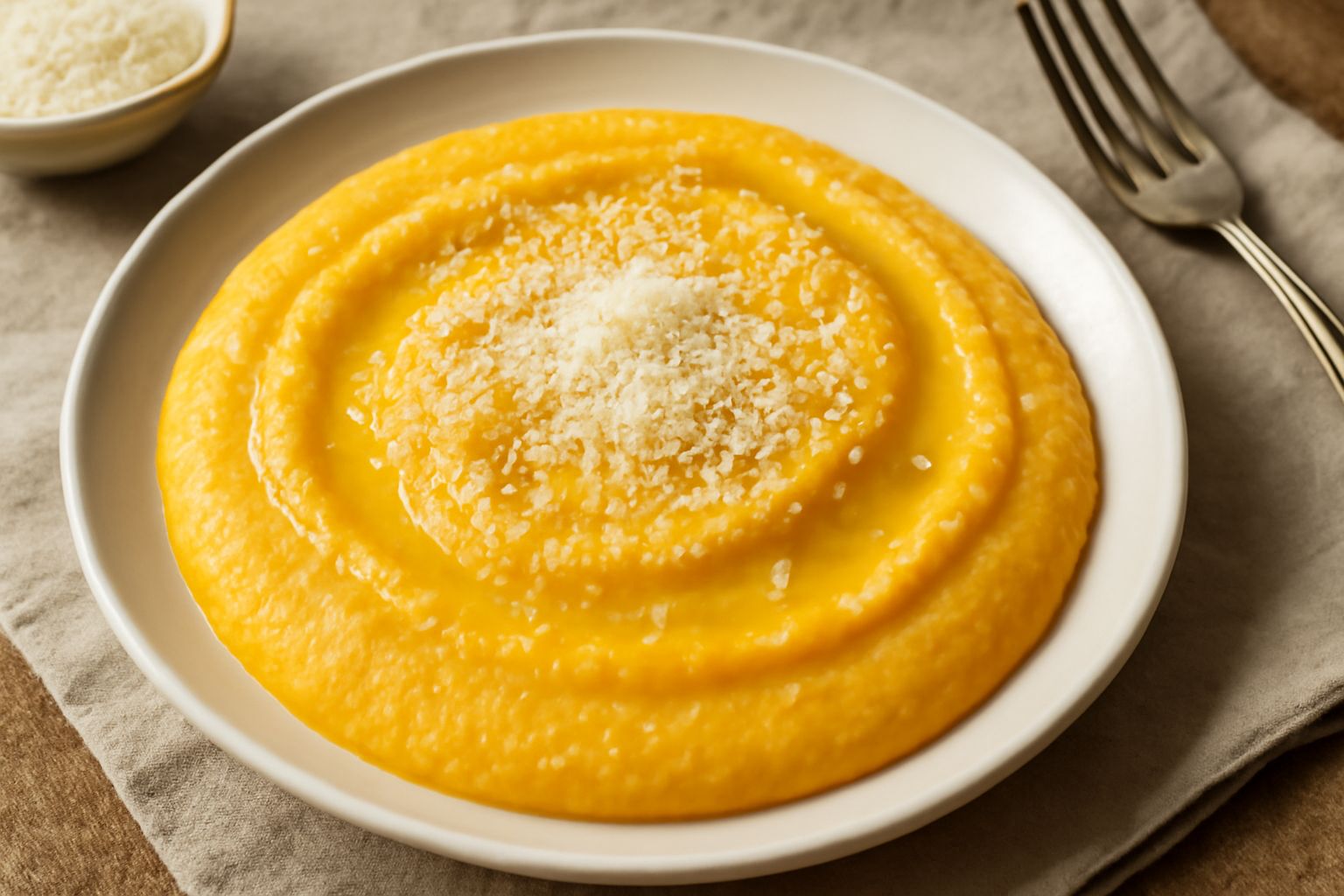 Una ciotola di polenta giallo-arancione cremosa con zucca, guarnita con parmigiano grattugiato e un filo di olio extravergine, servita in un piatto di ceramica bianca con foglie di salvia fresca