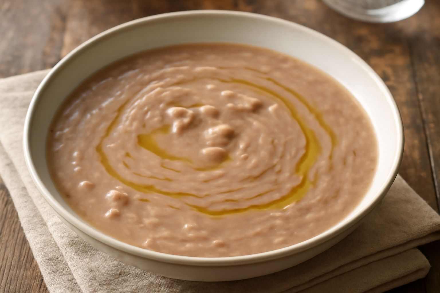 Una ciotola di ceramica bianca contiene farina di castagne cremosa in brodo trasparente, con un filo di olio dorato in superficie, accompagnata da un cucchiaio in metallo e una manciata di castagne in