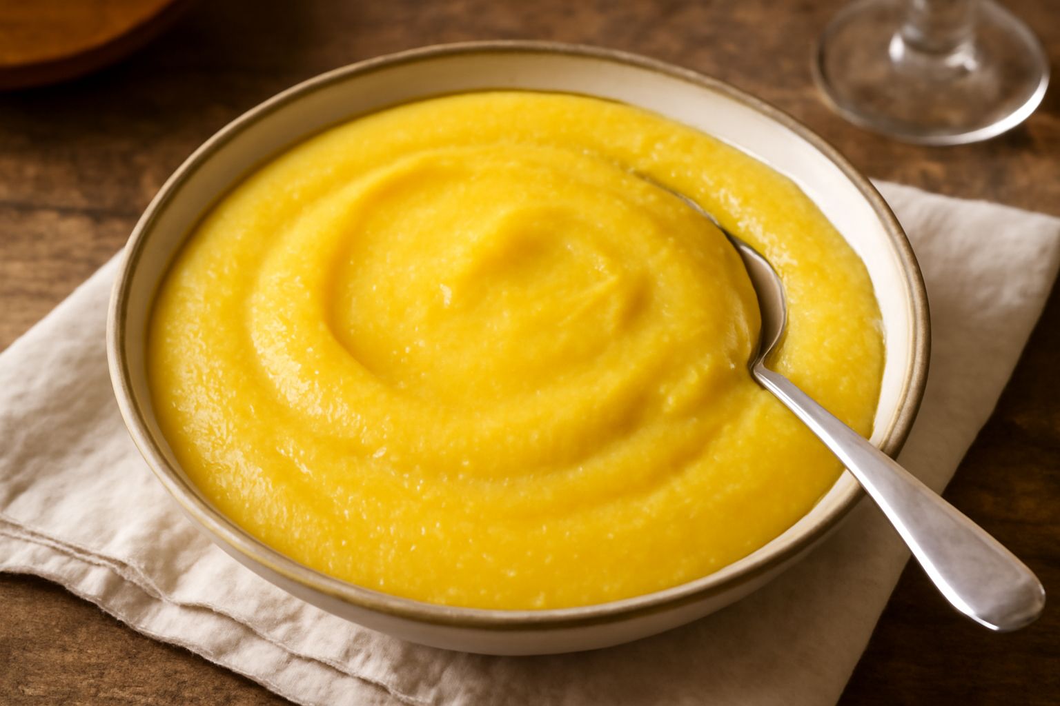 Polenta cremosa giallo oro in ciotola di ceramica bianca, superficie liscia e brillante, accompagnata da cucchiaio di legno e bottiglia di olio d'oliva sfocata sullo sfondo