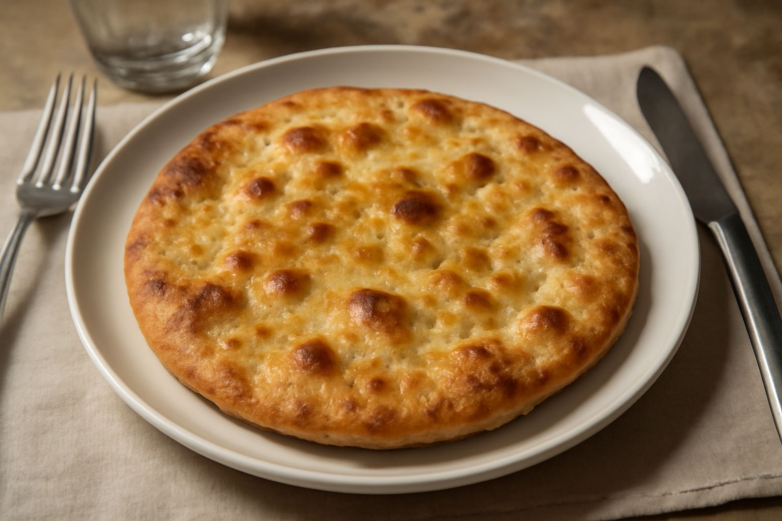 Farrata dorata e croccante appena uscita dal forno, con bolle leggermente gonfie in superficie, olio d'oliva versato sopra, servita su carta bianca in tavola di legno