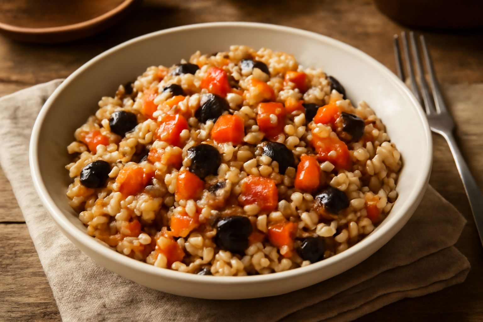 Ciotola di farro alla siciliana con chicchi di farro interi beige, dadini di verdure colorate, pomodoro rosso, melanzane viola e cipolla trasparente, condito con olio verde in superficie, presentato s