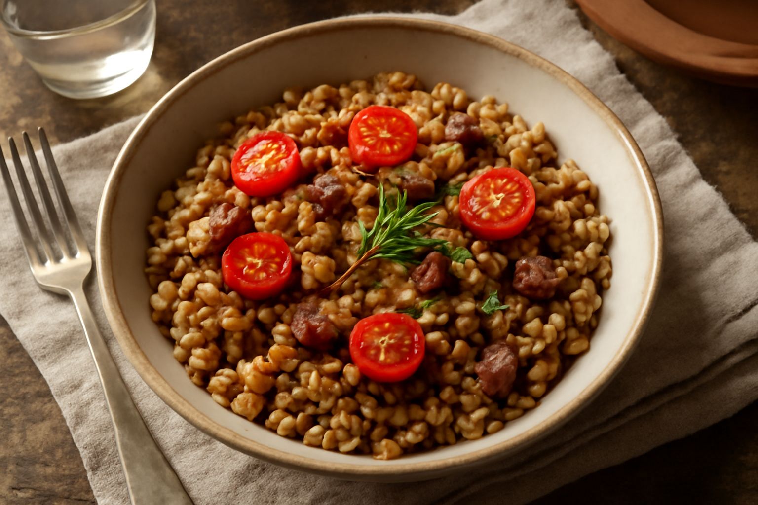 Farro cotto in una ciotola bianca, con visibili chicchi gonfi e dorati, pancetta croccante sparsa sopra, pomodori rossi, sedano e carota in piccoli pezzi, rosmarino fresco sulla superficie