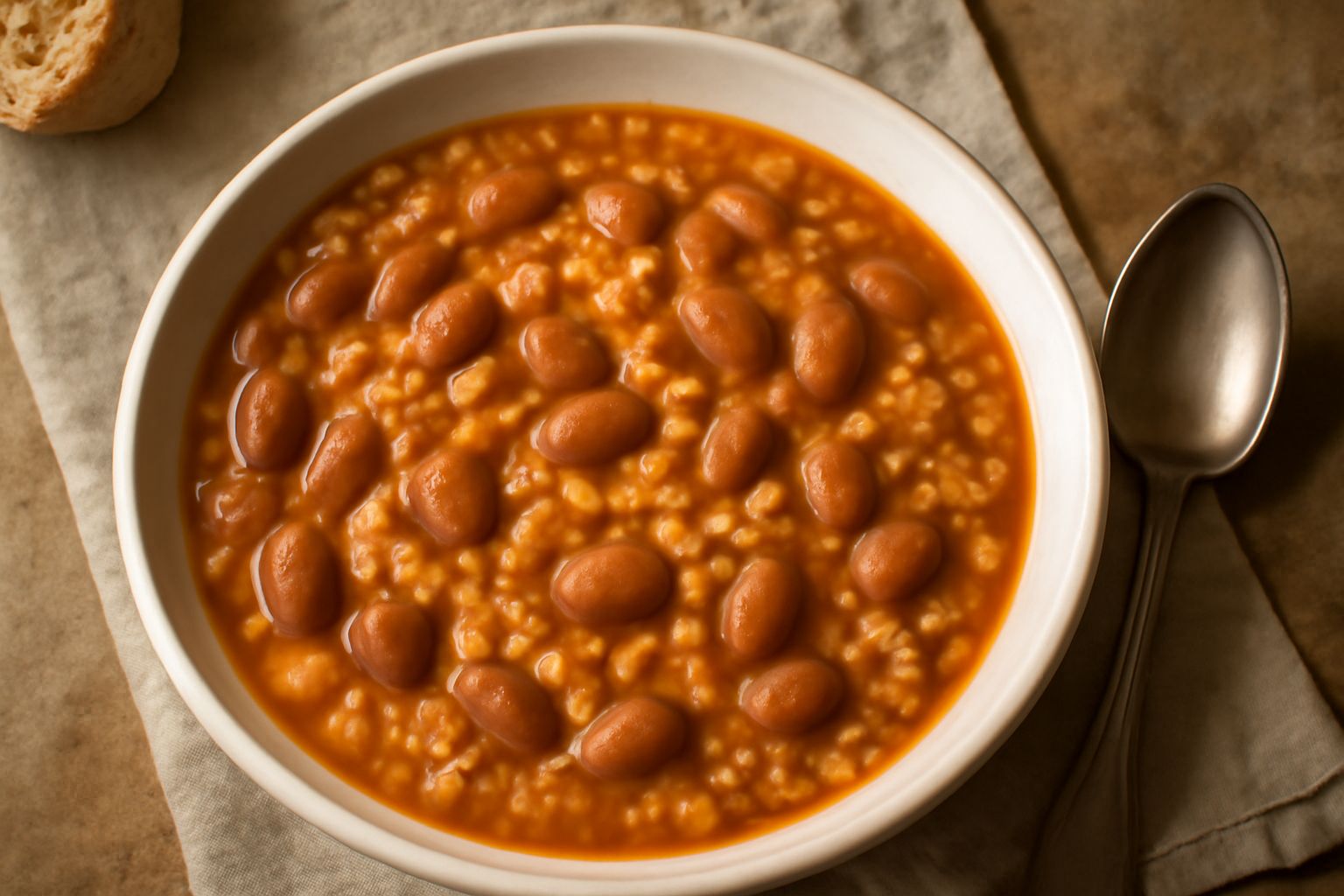 Un piatto bianco con farro perlato e fagioli borlotti ancora interi, sopra un filo di olio verde, sedano e cipolla soffritti visibili tra i chicchi