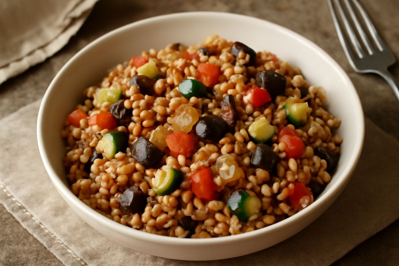 Piatto bianco con farro cotto color avorio mischiato a verdure colorate: zucchine verdi, melanzane scure, pomodori rossi, cipolla dorata, tutto irrorate di olio leggero, decorato con prezzemolo fresco