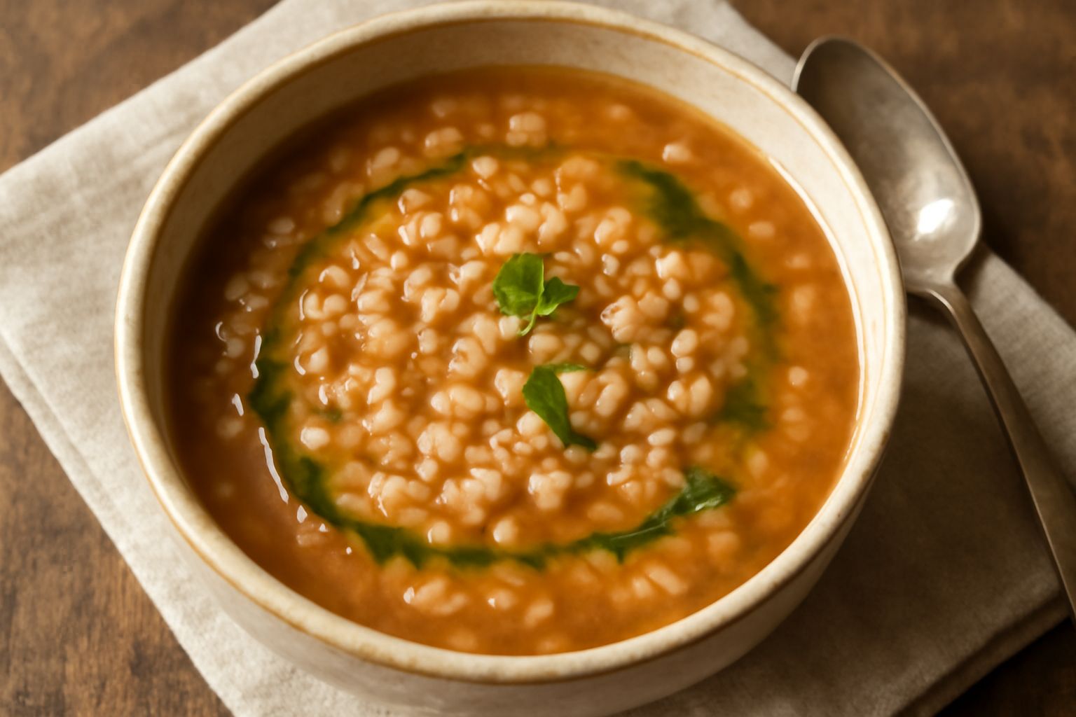 Una ciotola di ceramica bianca con farro in brodo, grani di farro visibili e turgidi nel liquido dorato, con filo d'olio in superficie, accompagnato da pane tostato ai lati del piatto
