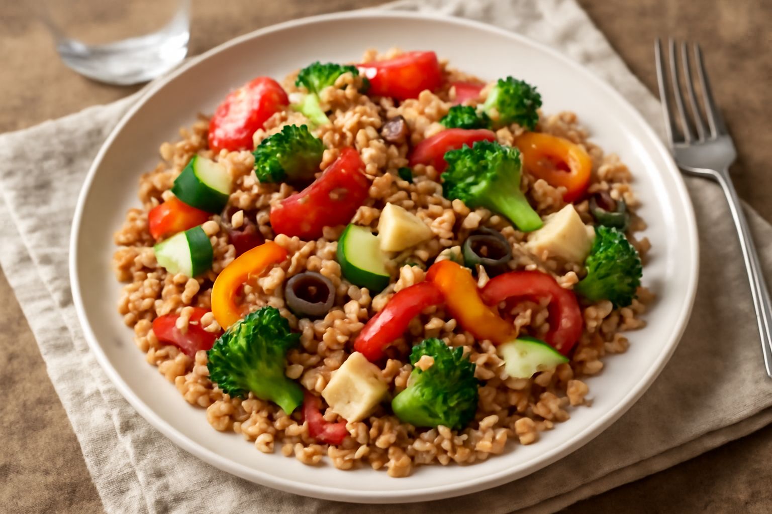 Insalata di farro con chicchi beige, pomodori rossi, cetriolo affettato, cipolla rossa e foglie di basilico fresco in una ciotola di ceramica bianca
