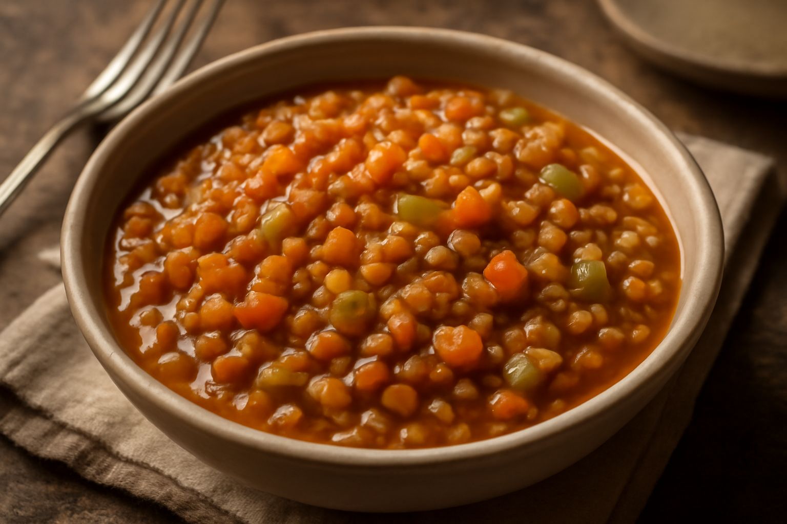 Farro in umido servito in una ciotola di ceramica, di colore beige-marroncino, con carote, sedano e cipolla, vapore ancora visibile, guarnito con prezzemolo fresco