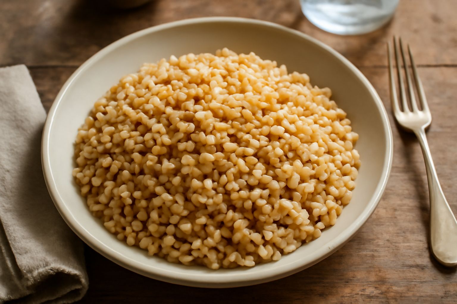 Ciotola di farro perlato cotto di colore beige chiaro, con grana morbida e leggermente lucida, guarnito con prezzemolo fresco verde e filo di olio, servito su piatto bianco