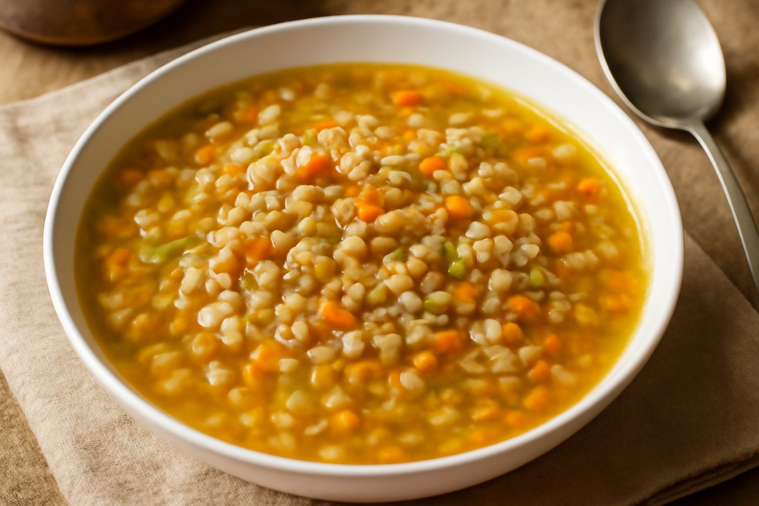 Una ciotola in ceramica bianca con farro perlato morbido in brodo caldo, guarnita con prezzemolo verde fresco, con un cucchiaio di acciaio appoggiato al bordo, su un tavolo di legno chiaro con una tov